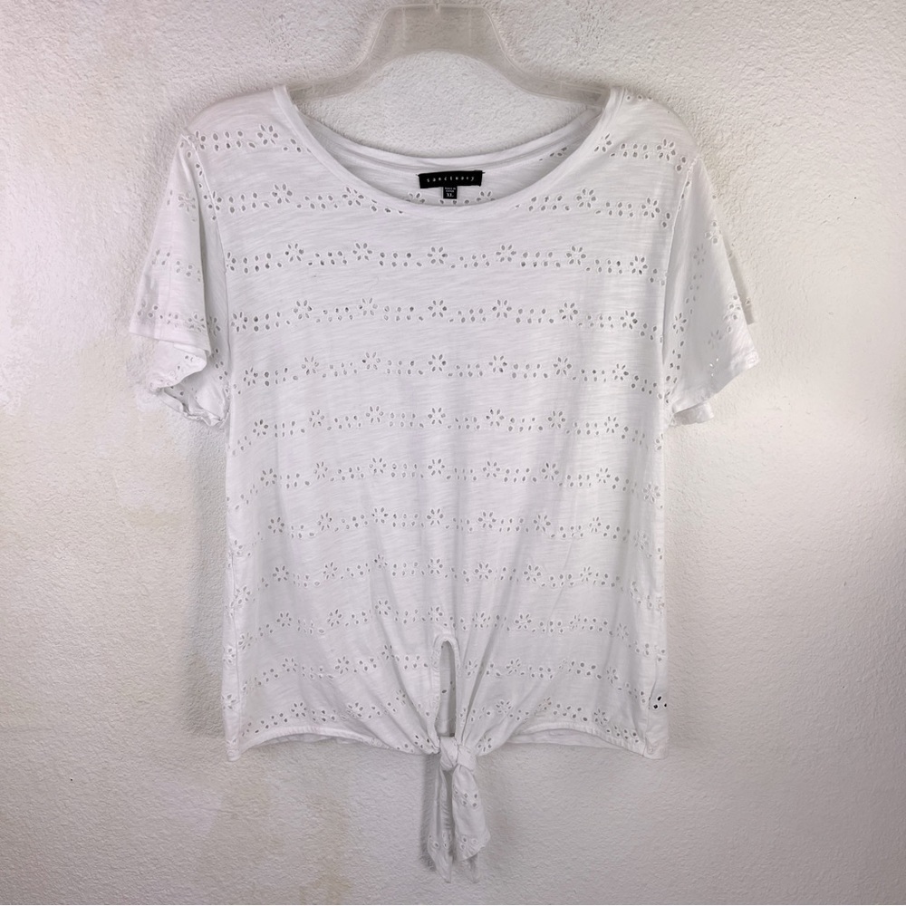 SANCTUARY white Eyelet Top with Tie Waist. Size XL.  Short sleeve. Cotton/Rayon
